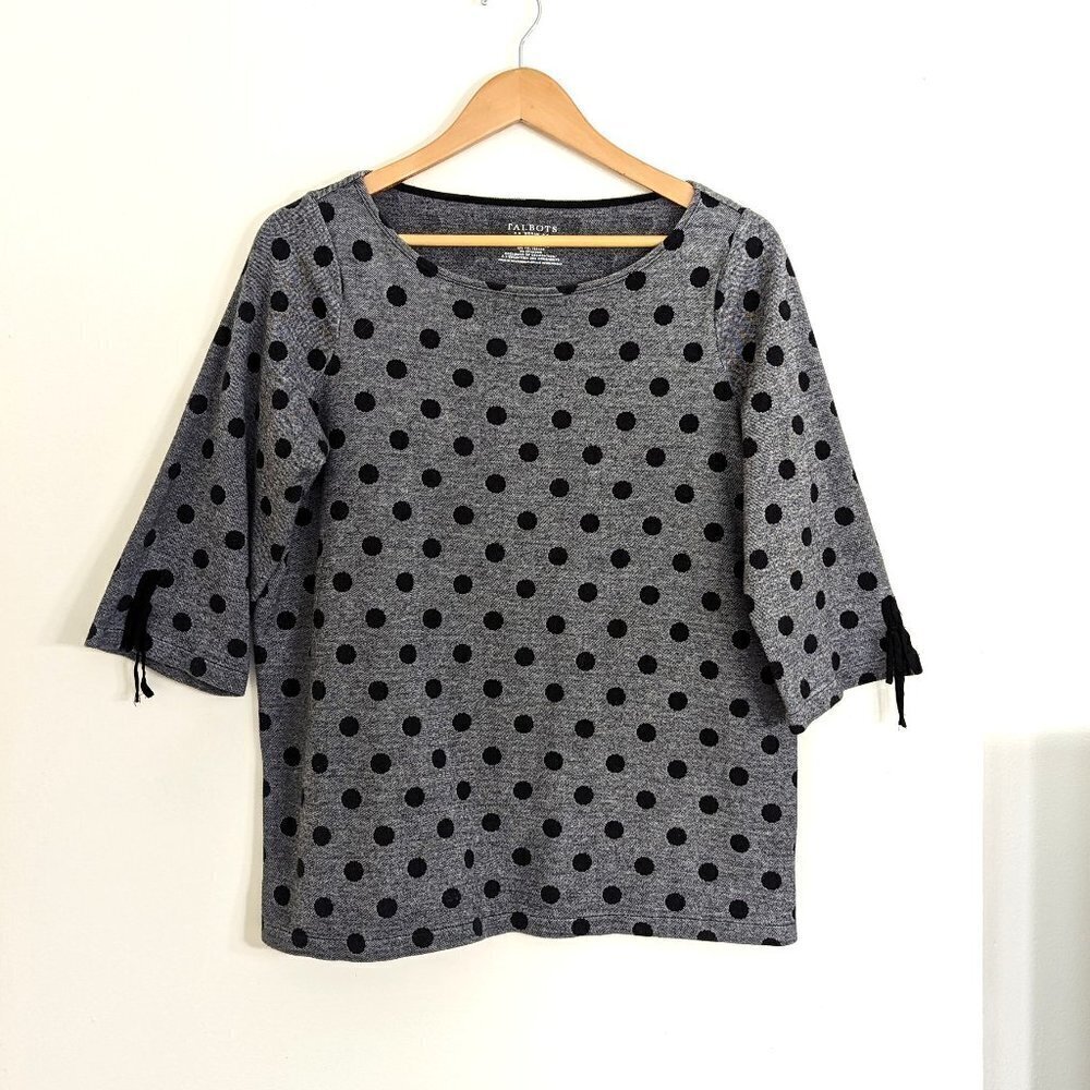 Talbots Polka Dot Tunic Top/Blouse‎ Tie Sleeve Preppy Knit Gray/Black Size X